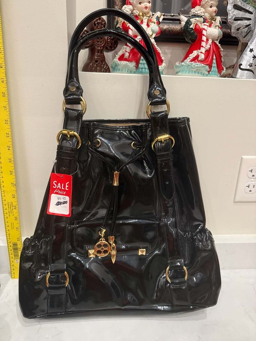IMAN Black Patent Faux Leather Drawstring Bucket Tote Bag